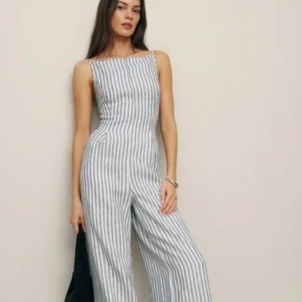 Reformation Ciara linen jumpsuit in Antibes Stripe size 4
